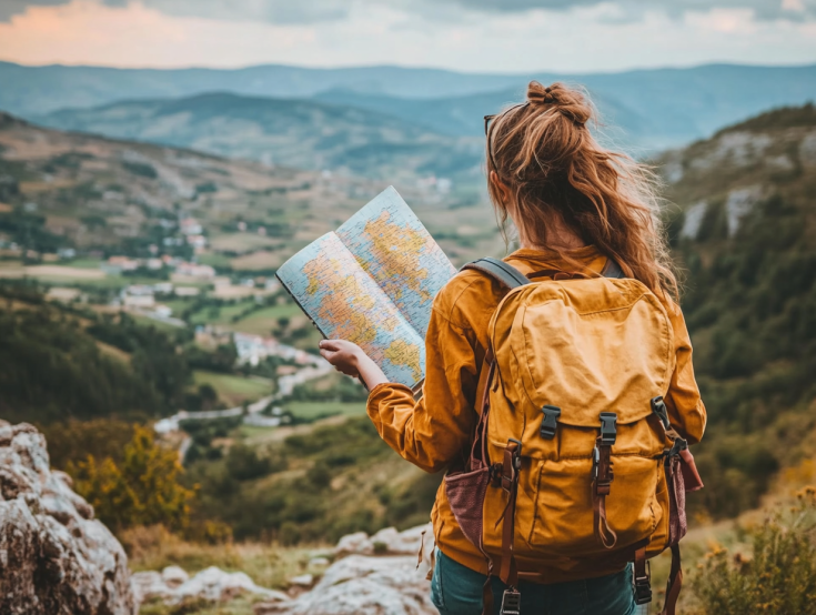 Woman with map looking out over landscape Woman with map looking out over landscape