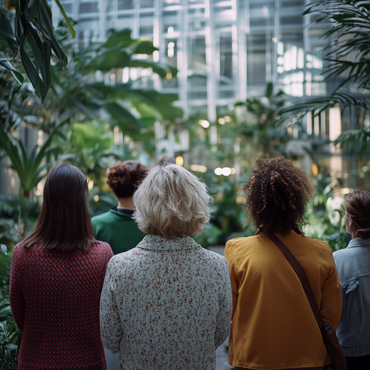 A group of women in a large building