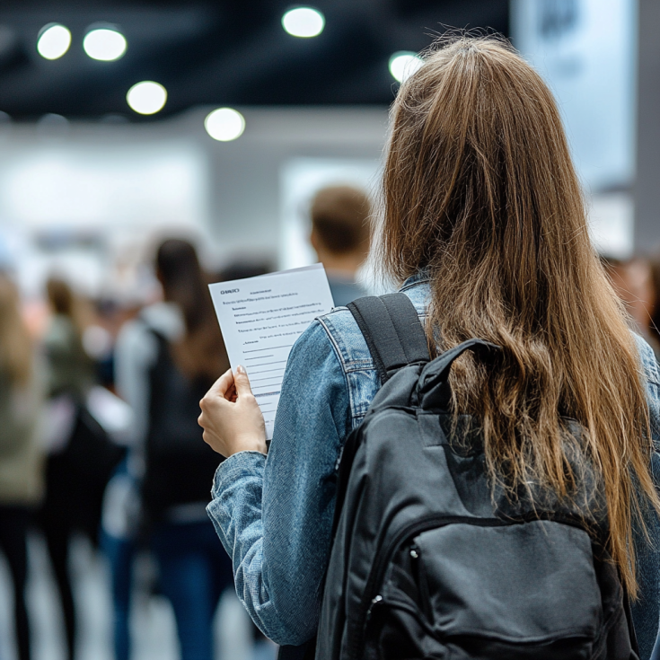 Story youth unemployment a young girl with a CV in her hands, at a job fair