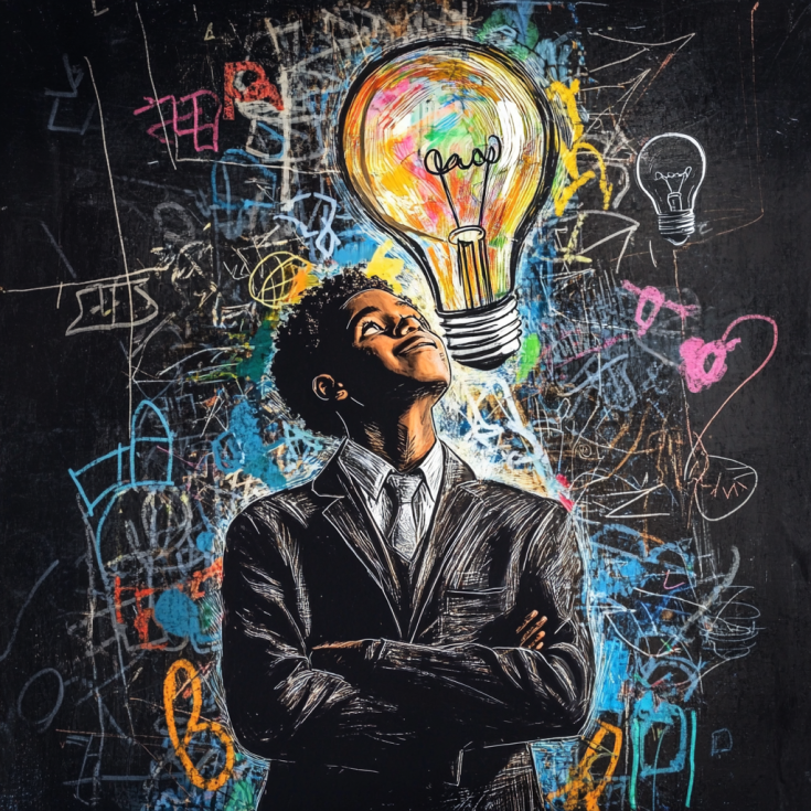 Youth entrepreneur looking at colourful lightbulb Youth entrepreneur looking at colourful lightbulb