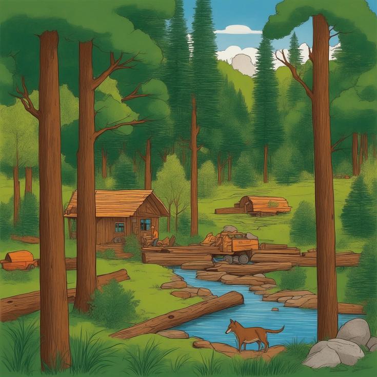 A vibrant forest scene illustrating the balance between environmental sustainability and wood production. On one side, a healthy forest with tall trees and wildlife; on the other side, a small wood processing cabin and logging equipment near a stream.