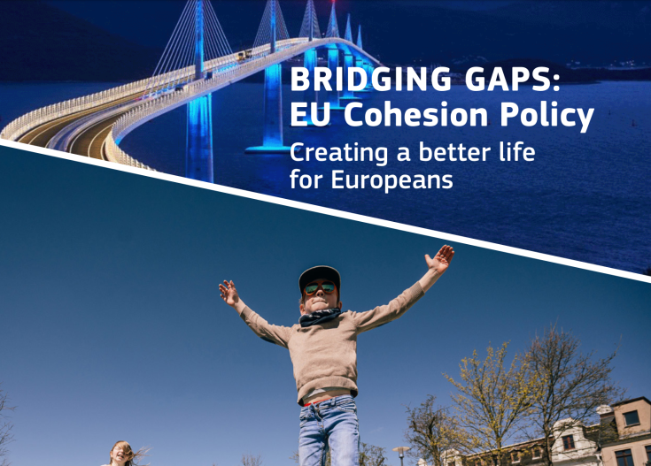 The text "Bridging the Gaps: EU Cohesion Policy; Creating a better life for Europeans" is at the top of this image, covering a bridge over very blue water at night. There is a diagonal slash, to separate the image with a second photo underneath of a young boy who is standing with his arms raised up.