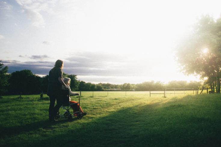 Person helping elderly/disabled person in wheelchair in a grassfield with the sun and a beautiful tree on the background
