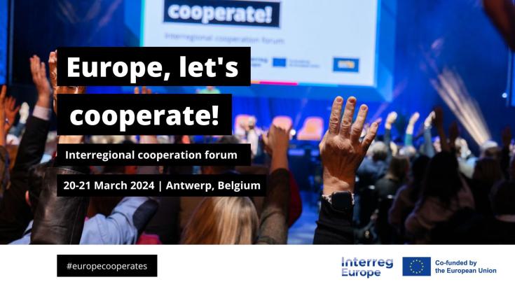 #europecooperates event announcement text (20-21 March 2024, Antwerp, Belgium) overlaid on an image of audience with raised hands looking towards a stage at an event