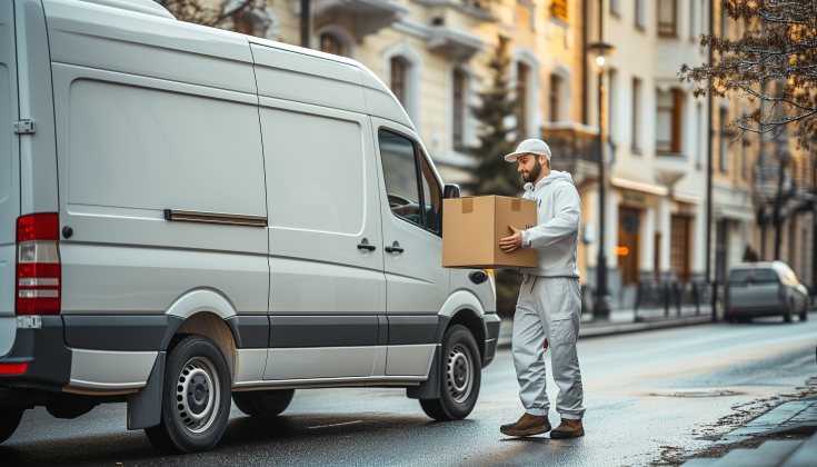 a man picking a parcel in front of a white van. 
