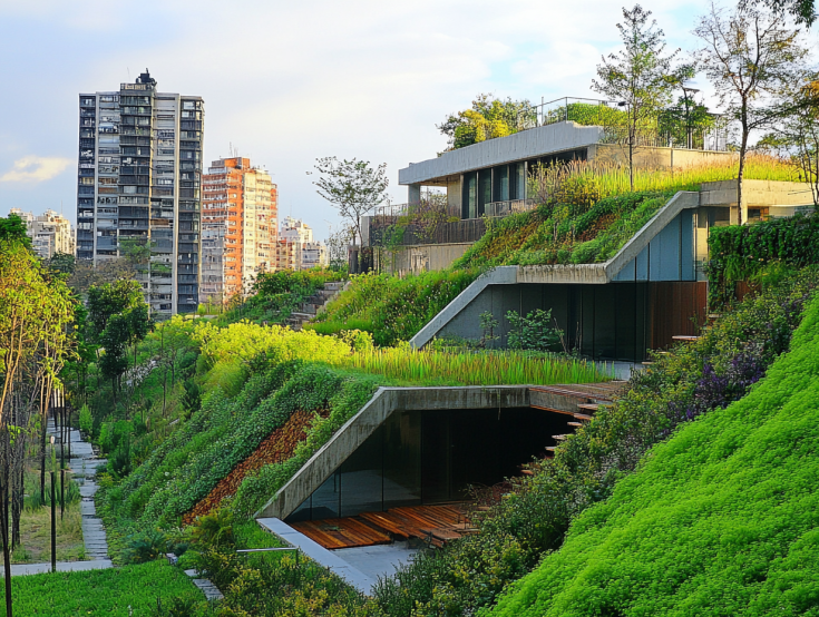 city view with buildings covered with grass 