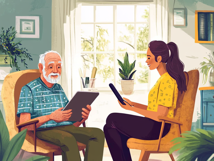 old man sitting in a chair in his house, and next to him a young lady is helping him to book a medical appointement online on an ipad old man sitting in a chair in his house, and next to him a young lady is helping him to book a medical appointement online on an ipad