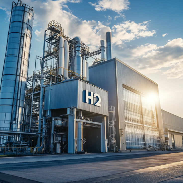 a industrial building creating hydrogen, the building looks sustainable and it's written H2 on it, the sun is shining a industrial building creating hydrogen, the building looks sustainable and it's written H2 on it, the sun is shining