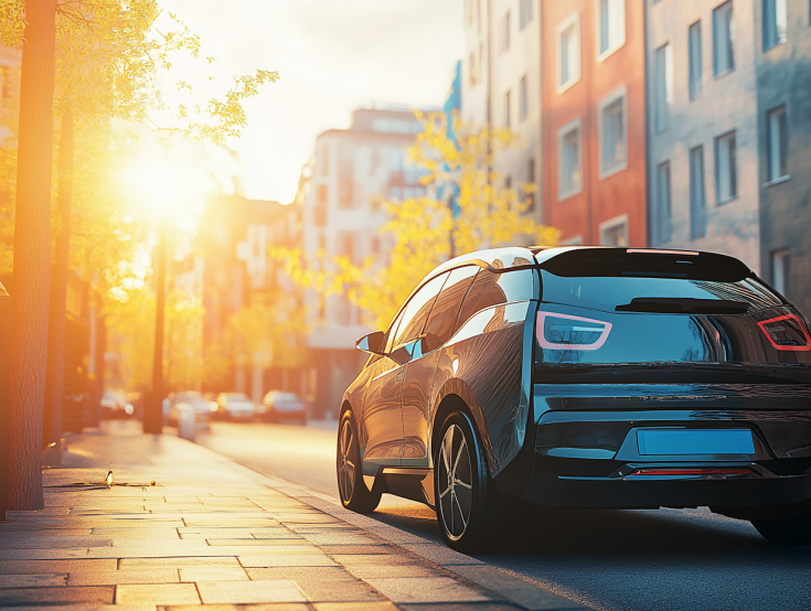 electric car driving in a street with the sun and building on the side electric car driving in a street with the sun and building on the side