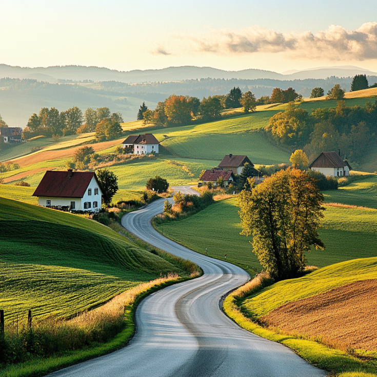 country side with houses in the back ground, far from each other, and a road in the middle country side with houses in the back ground, far from each other, and a road in the middle