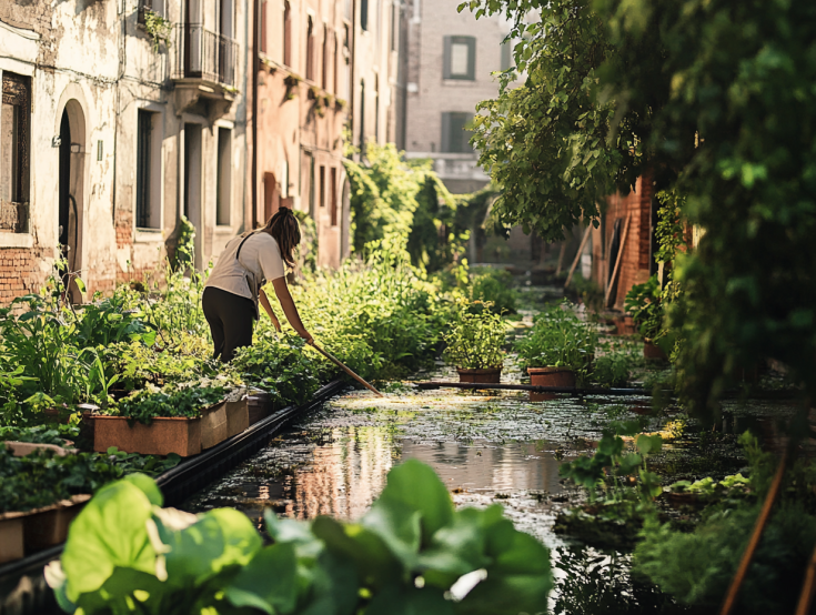 woman gardening in a city next to a river woman gardening in a city next to a river