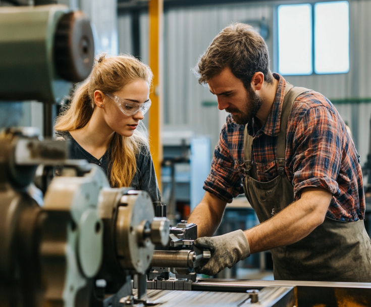 man and womand working and learning a metalworking job man and womand working and learning a metalworking job