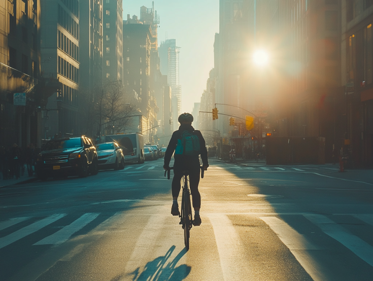 one person cycling in an empty street of a city one person cycling in an empty street of a city