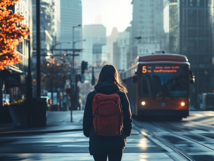  person walking to go to work in a city, with publis transport in the background