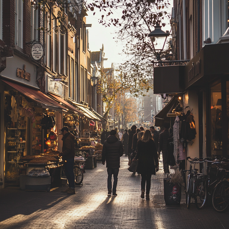 photography of a street in the daylight, with shops like a bakery, a clothing store with people walking in the street looking at the shops photography of a street in the daylight, with shops like a bakery, a clothing store with people walking in the street looking at the shops
