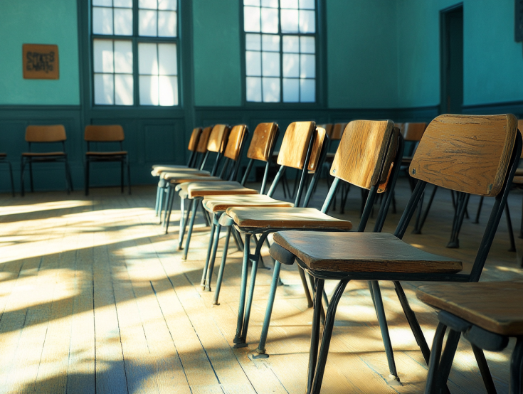 row of empty chairs in a classroom row of empty chairs in a classroom