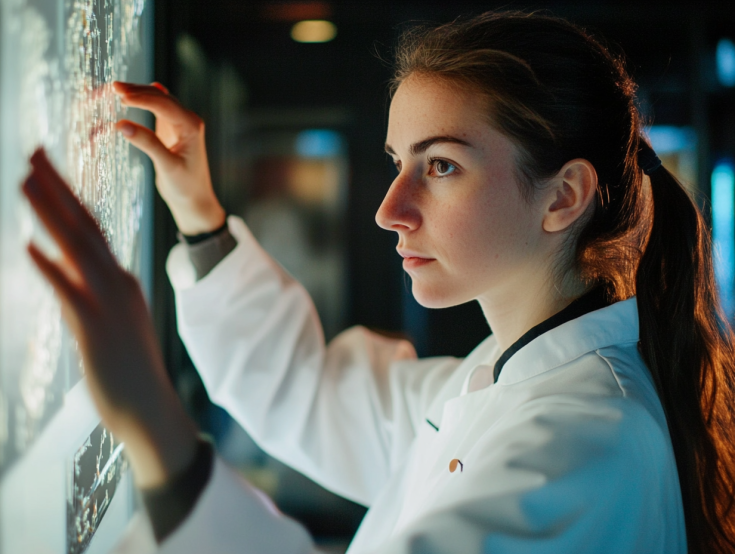 Scientist woman touching a screen in a lab Scientist woman touching a screen in a lab