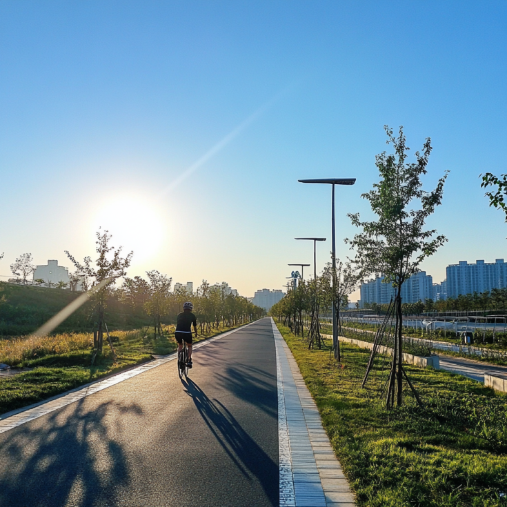 urban cycling path. Style: sunlight and clear sky and there is a cyclist