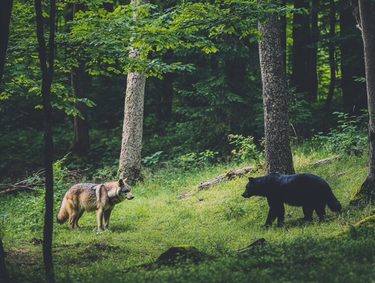 wolf and bear in the forest in slovenia wolf and bear in the forest in slovenia