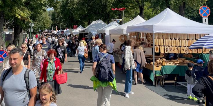 Group of people visiting a fair with vendors' stalls