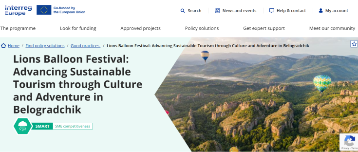 Webpage presenting the good practice of Lions Balloon Festival. The site menu is at the top, the name of the good practice is on the left, and a photo of a landscape showing hot air balloons is on the right.