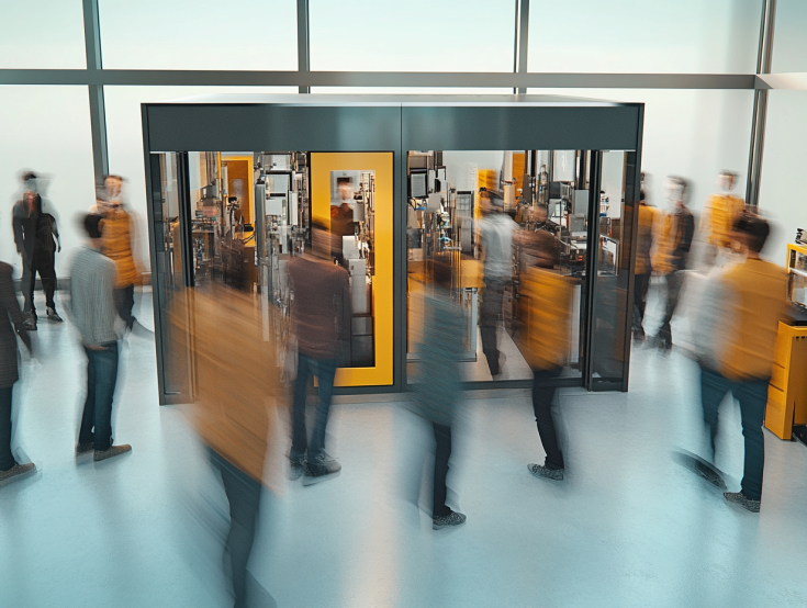 people walking in front of a room people walking in front of a room