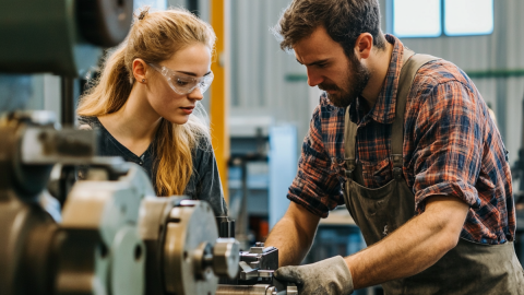 man and womand working and learning a metalworking job