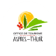 Tourist Office Intercommunal Aspres Thuir Yellow sun in the backgound, tree and mountain in green, red grapes