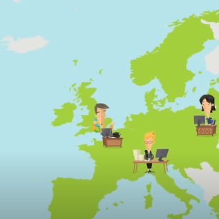 Drawing of European map with people sitting at desk cooperating
