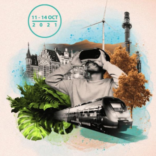 Band image of EU Regions Week 2021 Composite Image of person wearing VR glasses, train and historic building