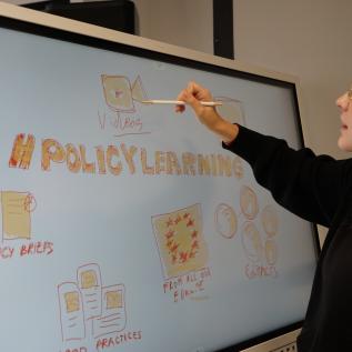 woman writing policy learning on a board