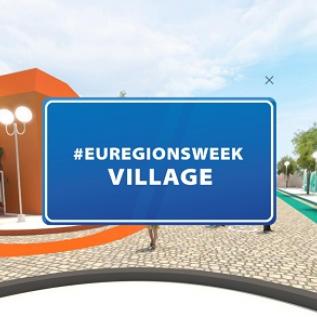 Digital image of a board in the middle of a village announcing the #EURegionsWeek village