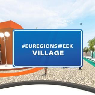 Online village at EU Regions Week Digital image of a board in the middle of a village announcing the #EURegionsWeek village