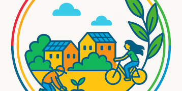 SDGs Go visual, representing a city in the background with one person gardening in the front and another one cycling. 