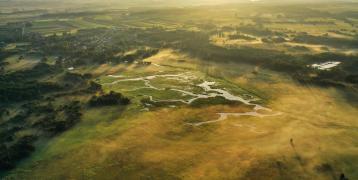 Airphoto from large river delta, where the river meander through green and yellow hay fields.