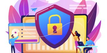 Illustration of cybersecurity concept with three people interacting with a large laptop screen. A shield with a padlock symbol is centered, representing data protection. Bright, modern colors and abstract shapes suggest a digital, tech-savvy environment.