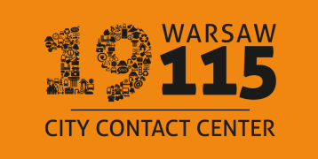 on a yellow background in the center the digits 19115, on the right the inscription Warsaw, under the numbers the inscription city contact center