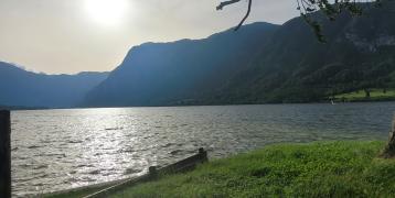 A serene lakeside view in Bohinj, Slovenia, with the sun shining over the mountains and reflecting on the calm water, surrounded by lush green grass and trees.