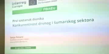 A slide presentation displaying the title "Prvi sastanak dionika" (First Stakeholder Meeting) with a focus on the competitiveness of the wood and forestry sector, part of the FBI4EU project co-funded by the European Union and organized by REDEA. The presenter's name and contact information are visible, along with the date and location: "26. rujna 2024., Čakovec."