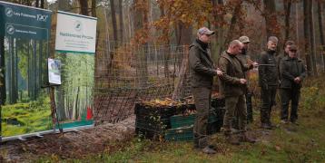 In the autumn-brown forest, two roll-ups stand next to a group of men demonstrating tree-planting tools.