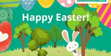 Illustration of a cheerful Easter scene with colorful decorated eggs hanging at the top, green trees, flowers, and a cute white bunny peeking from behind a tree holding a decorated egg. Text reads "Happy Easter!" with the Interreg Europe and FBI4EU project logos in the corner.