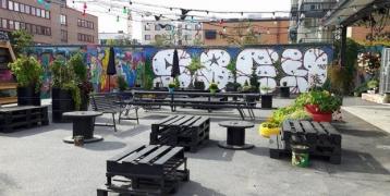 Benches and city green with a background graffiti