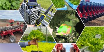 The photo collage showcases various technologies and tractors working in agricultural fields. There is also a lot of greens