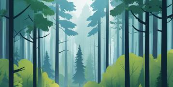 Scenic illustration of a lush forest with tall trees and a soft blue-green color palette. A person and a dog walk near a winding stream, creating a peaceful and inviting atmosphere. The image reflects themes of nature, sustainability, and forestry.