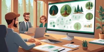 Graphic presenting a A group of professionals participating in an online stakeholders' meeting on forestry and wood industry strategies. They are seated at a wooden conference table with laptops, reviewing charts and visuals related to forest management and sustainability displayed on a large monitor. The room features wooden elements and greenery, reflecting the nature-focused theme.