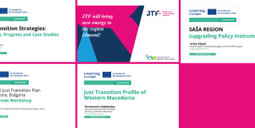 The image features a collage of the presentations shared during COMMIT's first Coffee-Break Workshop including: (1) Just Transition Strategies; (2) JTF will bring new energy to the region IJmond!; (3) Territorial Just Transition Plan Stara Zagora, Bulgaria; (4) Just Transition Profile of Western Macedonia; and (5) SAŠA Region (upgrading policy instrument 1)