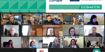 On the upper part of the picture we see the logo of the project, it consists of Interreg Europe the European flag and it also says "Co-funded by the EU" and the name of the project "CCSI4CCSI". On the lower part of the image we see a screenshot from a video call with all participants of the project.