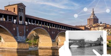 CHARME project image: the "covered bridge" of Pavia in a vintage photo and in a current photo