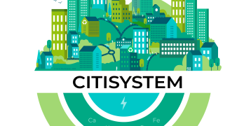 A drawing of a city and the energy, nutrients and bioresources flows.