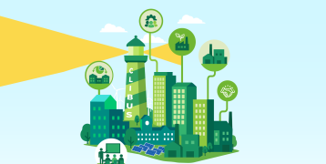 city ecosystem of public and private actors - the light house represents the city authority and the various buildings the private sector. There are also icons repesenting collaboration, industry, energy, etc. 